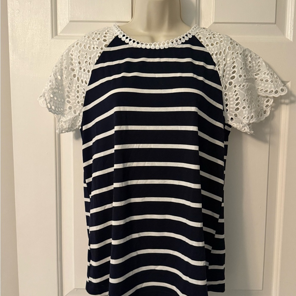 Entro Navy and White Striped Top with Lace Trim